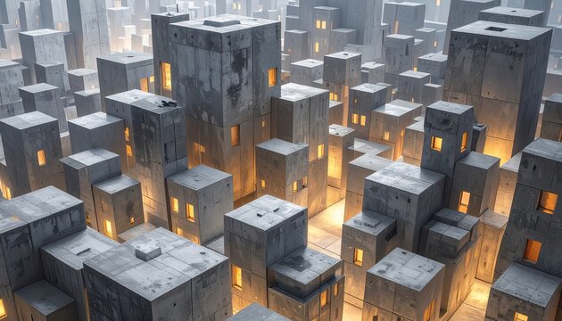Grey, blocky city with warm window lights and hazy atmosphere