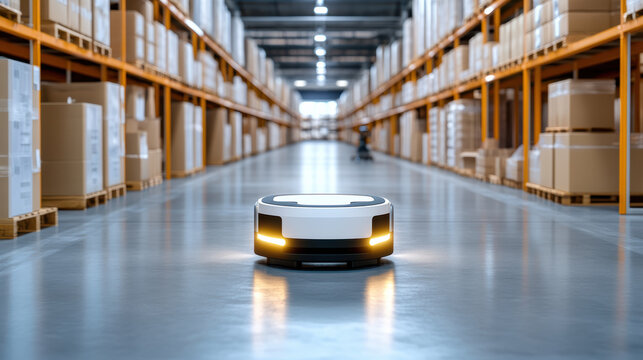 Autonomous robot navigating through warehouse filled with stacked boxes, showcasing efficiency