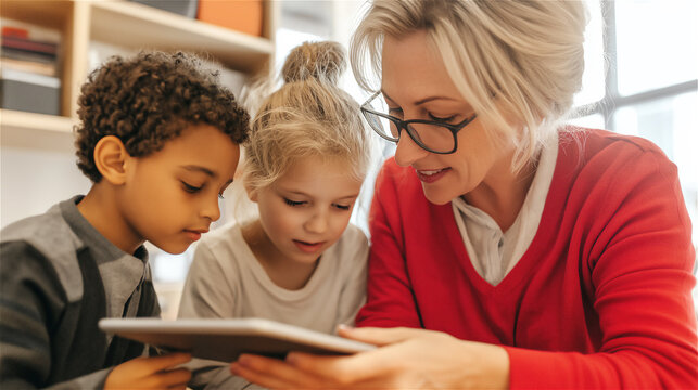 Teacher with blonde hair helping diverse children with tablet. Female educator assisting multicultural students learning with digital device in bright classroom environment.