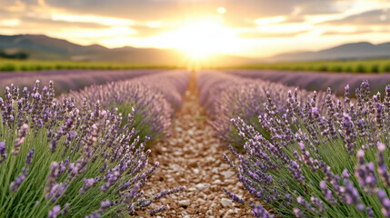 Fototapeta premium Lavender field with vibrant purple flowers and stunning sunset backdrop creates serene