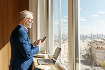 Senior businessman using smartphone at office window with cityscape view. Elderly executive in blue suit checking mobile device with laptop on desk and natural light from panoramic windows.