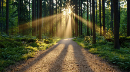 Fototapeta premium Pathway through pine forest with golden sunlight streaming down, creating serene atmosphere
