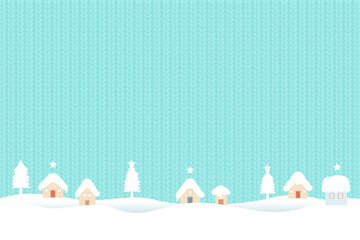 雪景色の家と木、ニットの背景イラスト