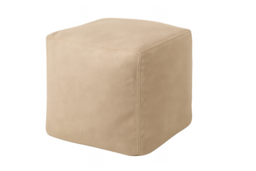 Beige upholstered pouf ottoman on transparent background