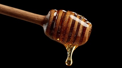 Honey dripping golden from wooden dipper on dark background  
