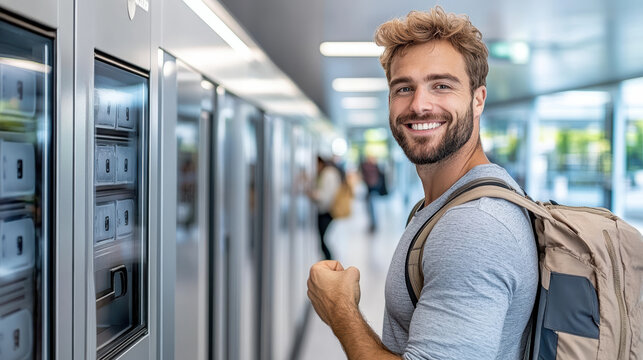 Smiling man with backpack near smart lockers modern setting, showcasing convenience