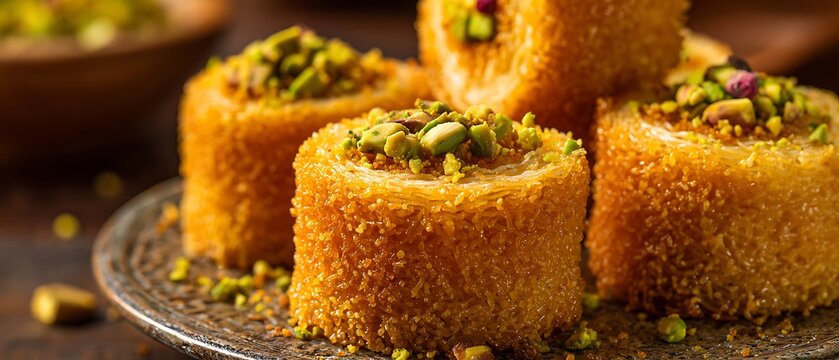 Pistachio kunafa rolls stacked authentic Middle Eastern treat  
