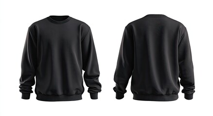 A plain black crewneck sweatshirt shown from the front and back, isolated on a white background
