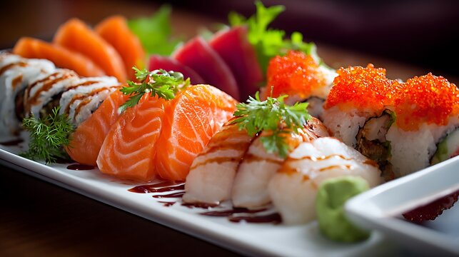 Fresh Japanese sushi and sashimi with salmon and roe  
