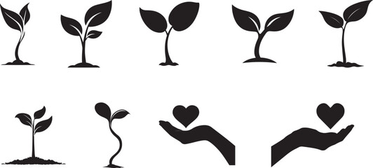 Obraz premium Set of black vector plants and hands holding hearts on white background