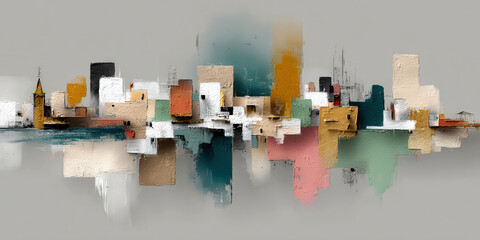 Abstract Cityscape Painting with Textured Blocks of Color Representing Modern Architecture on Neutral Background