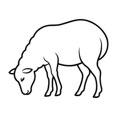 Black and white image of a sheep grazing depicted in a simple outline style