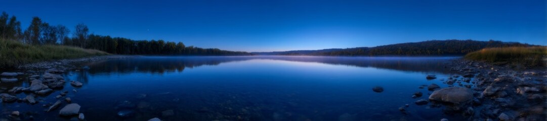 Obraz premium Panoramic hdr capture of tranquil lake at dusk nature landscape serene view