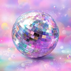 Colorful shimmering disco ball reflecting light with a vibrant dreamy background of pastel colors and bubbles