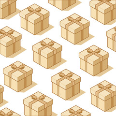Seamless vector pattern with beige gift boxes tied with ribbons and bows. Perfect for wrapping paper, festive backgrounds, or holiday design projects.