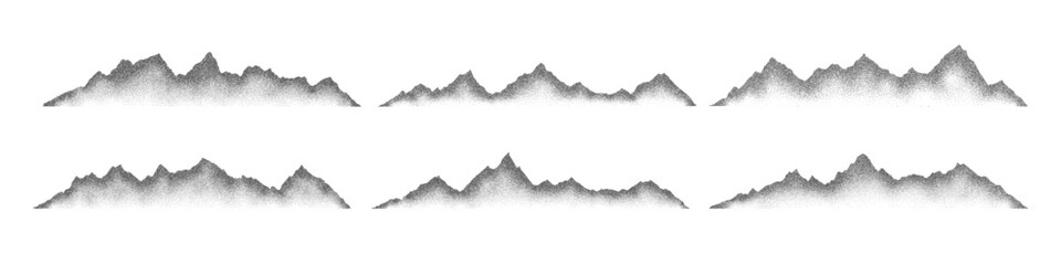 Naklejka na ściany i meble Grain noise stippled mountain range ridges terrain texture landscape vector illustration set. Grunge pointillism mountain range stipple landscape halftone effect shape sand texture. Naklejka na ściany i meble Grain noise stippled mountain range ridges terrain texture landscape vector illustration set. Grunge pointillism mountain range stipple landscape halftone effect shape sand texture.