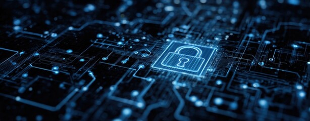 The padlock glowing on a circuit board representing digital security and data protection