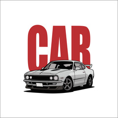 Red vintage automobile transportation vector illustration of a car on a road and white background icon