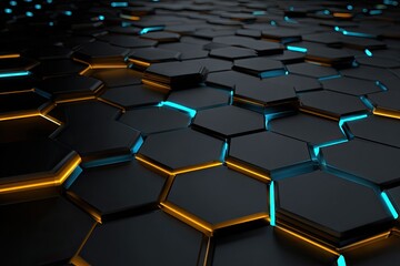 Obraz premium Abstract 3D rendering of a textured surface composed of dark hexagons with glowing blue and orange edges, creating a futuristic, technological feel