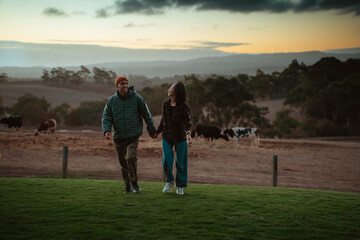 A romantic evening stroll through a picturesque and charming countryside setting