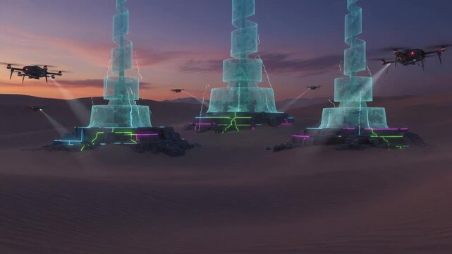 A vast desert landscape at twilight with glowing holographic ruins half-buried in sand, faint neon lights flickering, futuristic drones scanning, cinematic lighting,