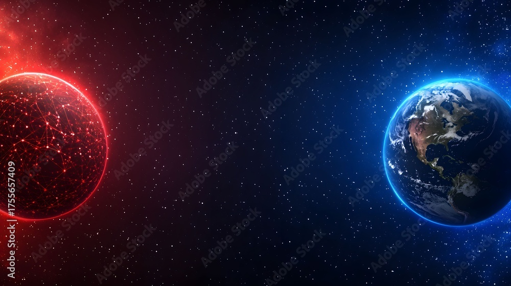Sticker the image displays a cosmic scene with a red, networked planet on the left and a blue, realistic ear