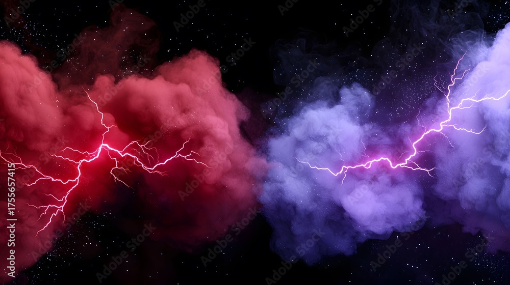 Wall mural the image showcases a dynamic scene with contrasting red and purple nebulae against a backdrop of st