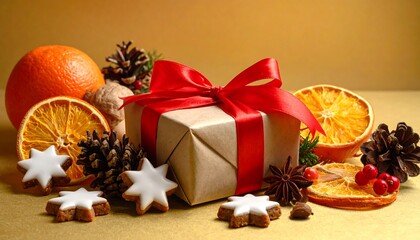 A seasonal still life arrangement featuring a wrapped present, adorned with festive decorations, including fruit slices, pine cones, and cookies