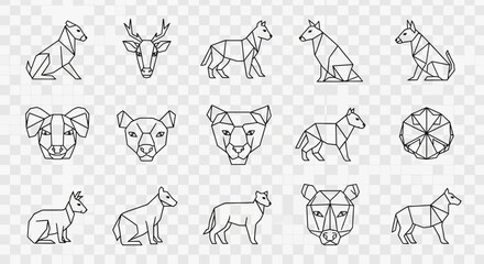 A collection of various animal icons and heads designed in a minimalist, geometric, polygonal line art style.