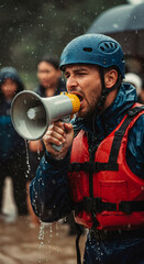 Man with megaphone in rain. Emergency alert during flood or disaster. Rescue worker giving instructions. Evacuation and crisis management.