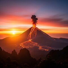 Volcano Eruption at Sunset - A Fiery Display of Natures Power.