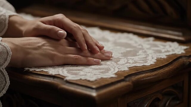 Hands resting on antique wooden desk with lace doily, close-up