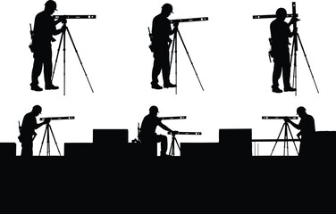 Construction surveyor silhouette on site, land measurement engineer using tripod, industrial field inspection, engineering worker, flat vector illustration