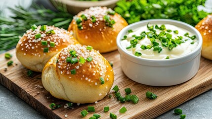 Freshly Baked Bread Rolls with Green Onions and Creamy Dip Served on Wooden Board