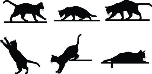 Black cat silhouettes, feline poses, walking, jumping, playing, resting, stalking, vector illustration, animal design, pet artwork, domestic cats