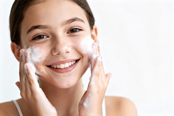 Teenage girl applying moisturizer cream — home spa ritual, daily selfcare routine, natural skincare for healthy radiant complexion. copy space