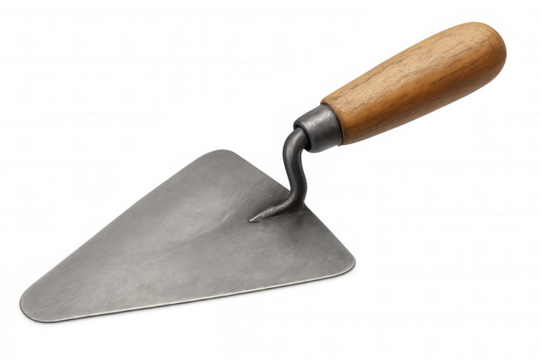 Masonry trowel featuring a wooden handle and metal blade, an essential tool for bricklaying, plastering, and construction work