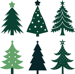 6 Christmas tree silhouettes on a transparent background