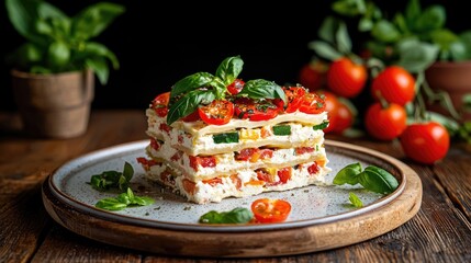 Fresh Vegetable Lasagna with Basil and Cherry Tomatoes on a Rustic Table Setting