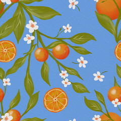 Sweet Orange Blossom: Hand-Painted Citrus Seamless Pattern on Blue watercolor paper