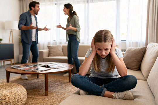 Sad girl sitting with hands covering ears while parents argue behind her, psychological distress, realistic emotional scene, child mental health, need for emotional support - Powered by Adobe