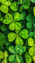 A lush field of vibrant green clover, with detailed textures, showcasing nature's beauty and the iconic three-leaf design