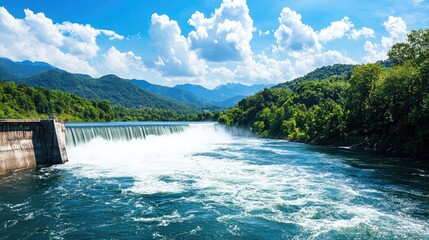 Scenic View of Serene River Cascade with Lush Mountains and Blue Sky in Summer