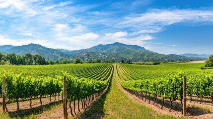Fototapeta premium Lush Green Vineyard Landscape Under Bright Blue Sky with Mountain Background in Daylight