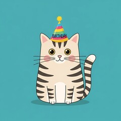 Birthday Cat Illustration - Cute Feline with Party Hat on Blue Background.