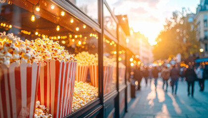 Popcorn stand with red and white striped containers on a sunny day.
