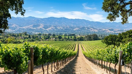 Scenic Vineyard Landscape Under Clear Blue Sky with Majestic Mountains in Background and Rows of Green Grapevines