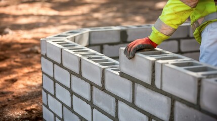 Construction worker in gloves laying a concrete block on a new wall with fresh mortar. Property development. Illustrating skilled manual labor. New home construction & real estate investment.