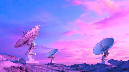 Futuristic Satellite Dishes Against a Dramatic Purple Sunset in a Remote Landscape