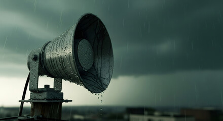 Megaphone emergency alert speaker covered in rain drops against a dark stormy sky. Disaster warning system for bad weather.